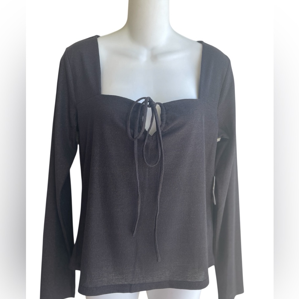 a.n.a. Black Metallic Square Neck Fitted Top Sweater Long Sleeves Front Tie NWT